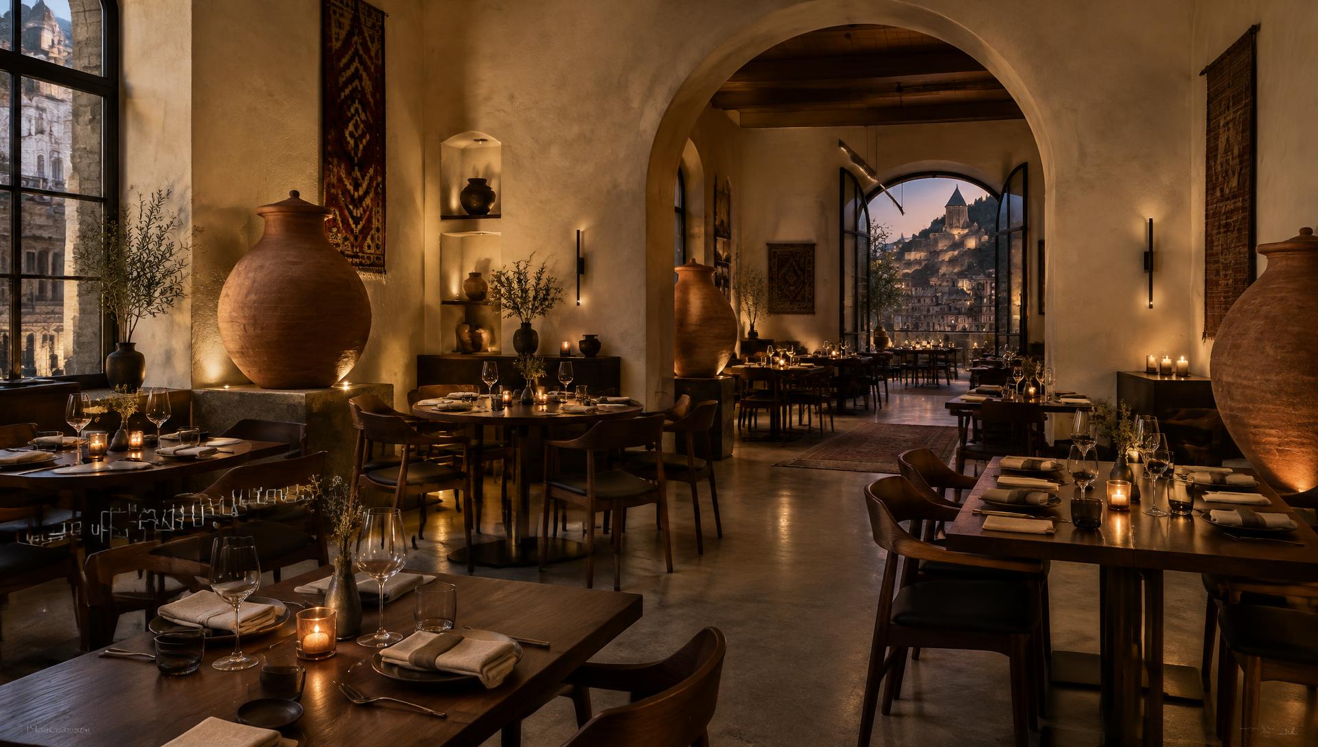 The candlelit dining room at Mze in Tbilisi