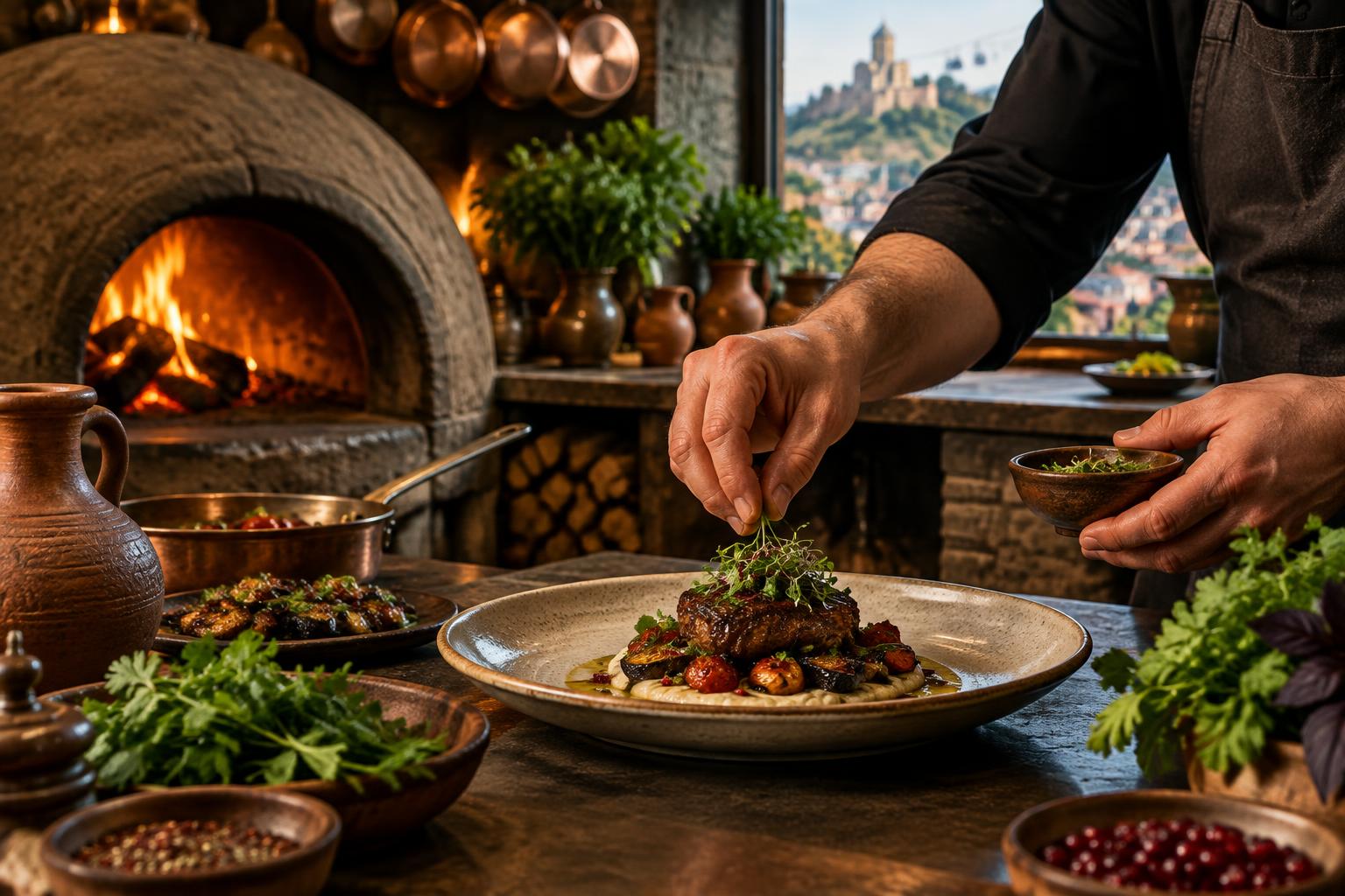 A chef finishing a plate beside the tone oven